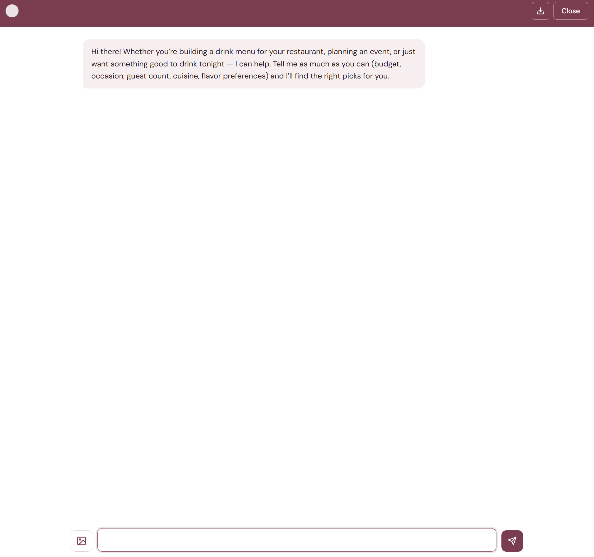 The chat interface showing the header with status indicator, save-as-PDF button, close button, greeting message, image attach button, and text input area