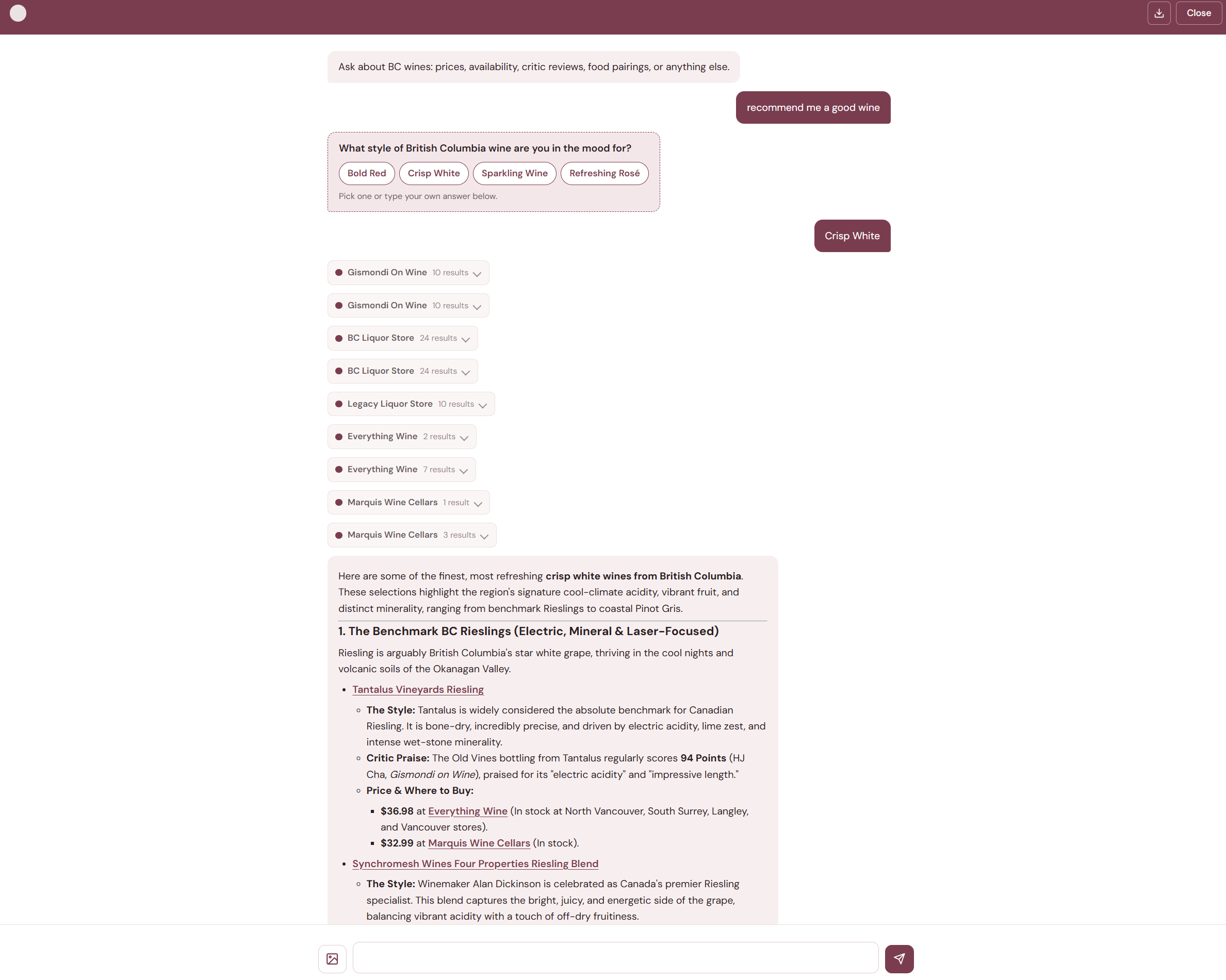 User asks 'recommend me a good wine' — the agent responds with style options: Bold Red, Crisp White, Sparkling Wine, Refreshing Rosé. User picks Crisp White, then tool badges appear.