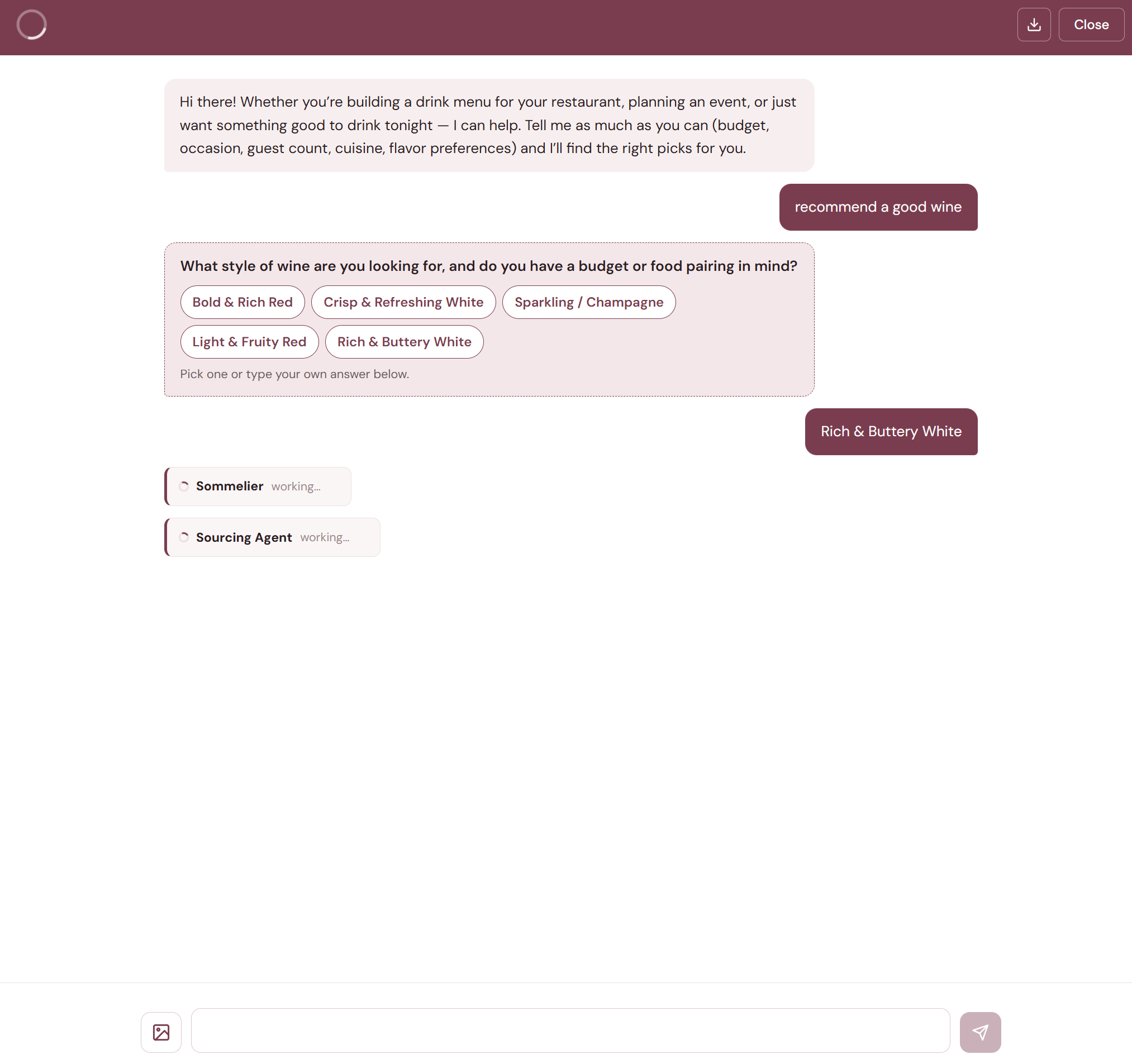 User asks for a wine recommendation and the agent responds with clickable option chips to narrow down preferences