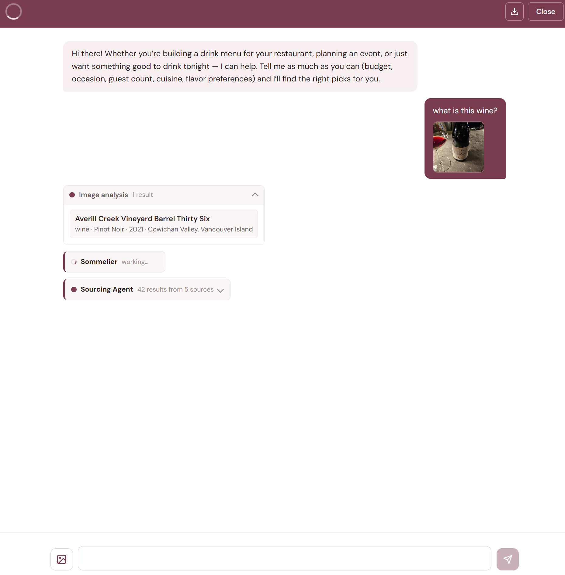 User photographs a wine bottle and the vision node extracts producer, varietal, vintage, and region from the label, and tool badges show the specialist agents starting work