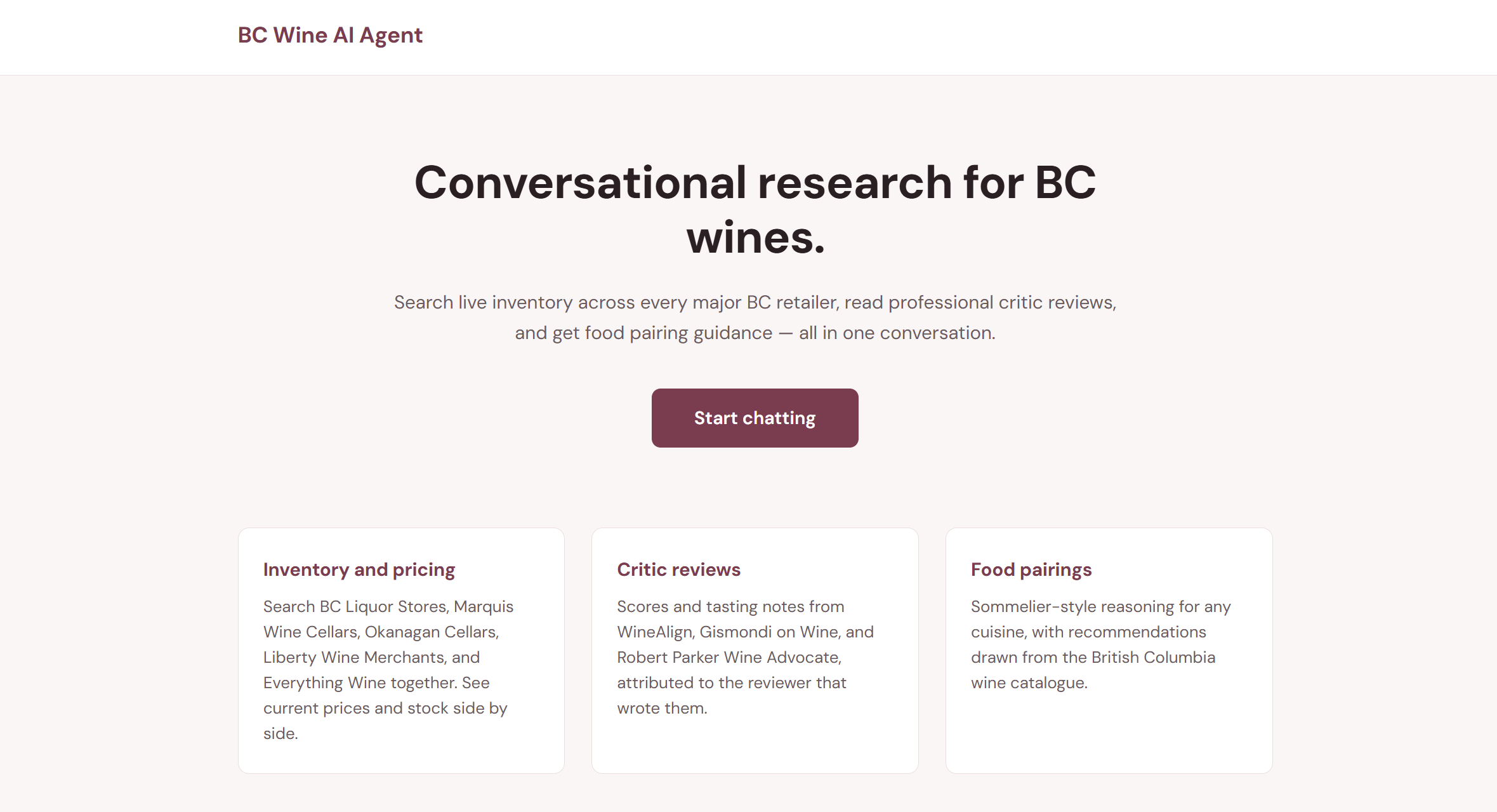 The BC Wine AI Agent landing page showing the hero section and three capability cards for inventory, critic reviews, and food pairings