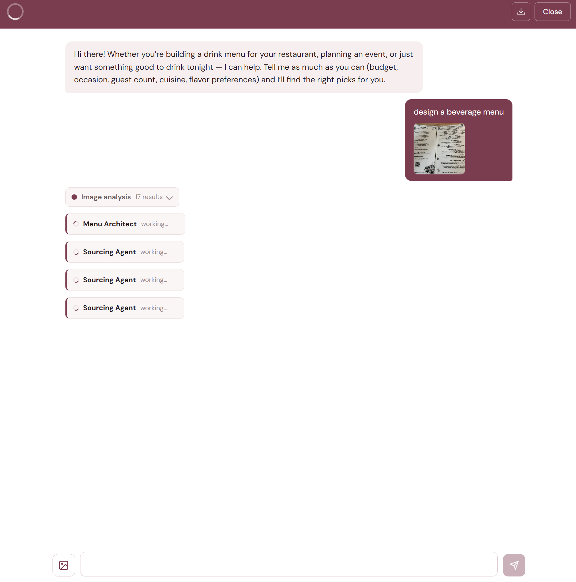 User uploads a food menu photo and asks the agent to design a beverage menu, while the vision node analyses the image and the Menu Architect delegates to three parallel Sourcing Agent calls