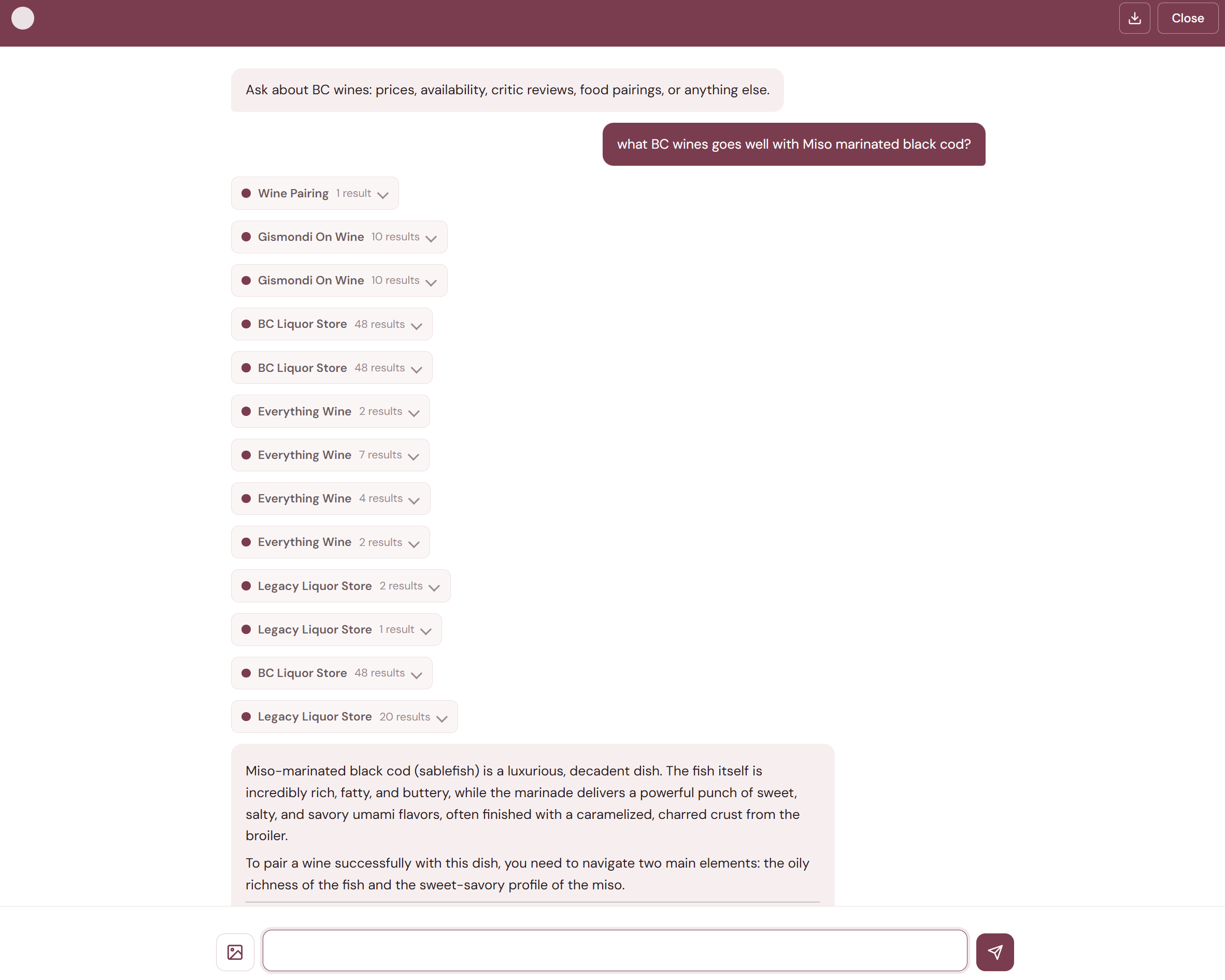 User asks 'what BC wines goes well with Miso marinated black cod?' — Wine Pairing, Gismondi, BC Liquor Store, Everything Wine, and Legacy Liquor Store tool badges appear as the agent searches