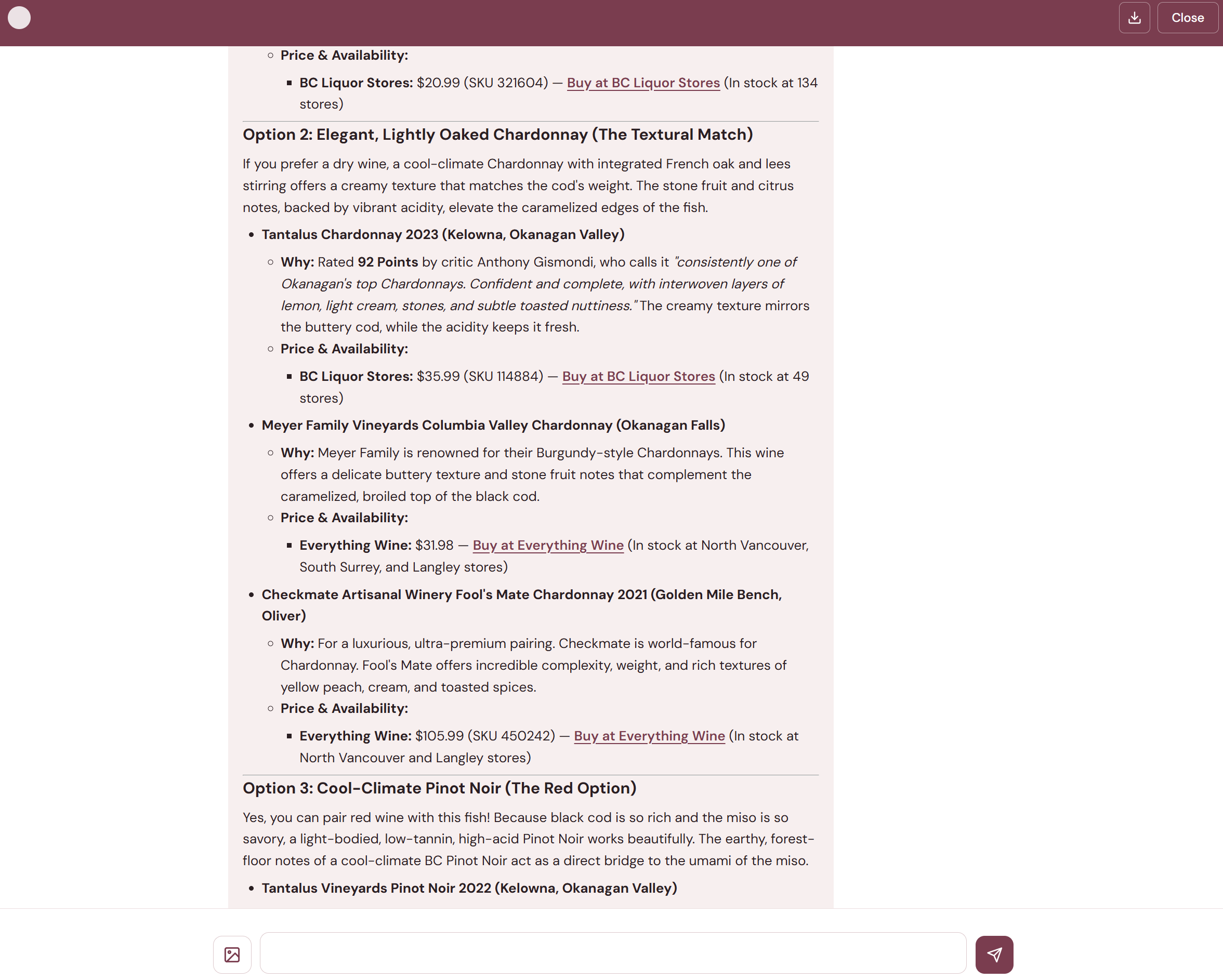 Additional Chardonnay picks — Meyer Family Vineyards and Checkmate Fool's Mate 2021 at $105.99 — then Option 3: Cool-Climate Pinot Noir with Tantalus Pinot Noir 2022