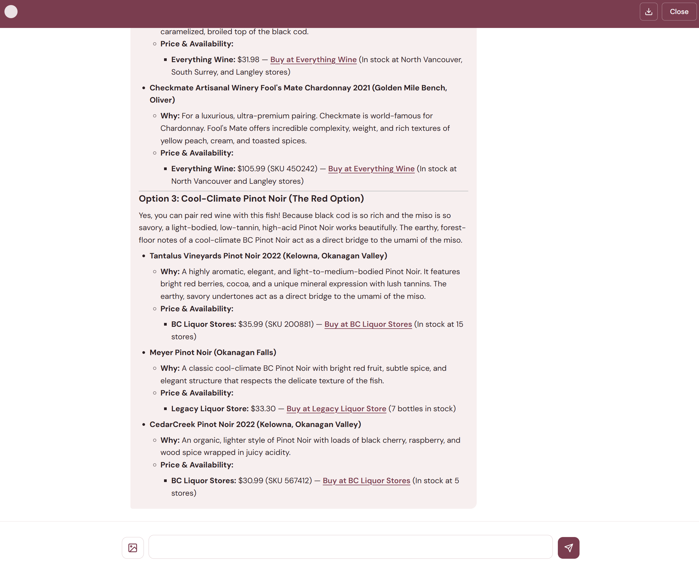 Final Pinot Noir recommendations — Meyer Pinot Noir at $33.30, CedarCreek Pinot Noir 2022 at $30.99 — all with specific store links and stock availability