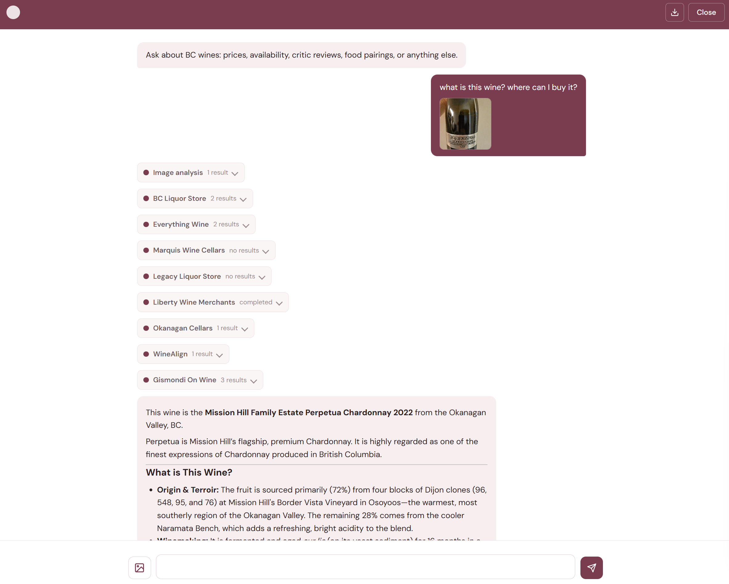 User sends a photo of a wine bottle asking 'what is this wine? where can I buy it?' — Image analysis badge identifies the wine, then tool badges show searches across BC Liquor Store, Everything Wine, Marquis, Legacy, Okanagan Cellars, WineAlign, and Gismondi