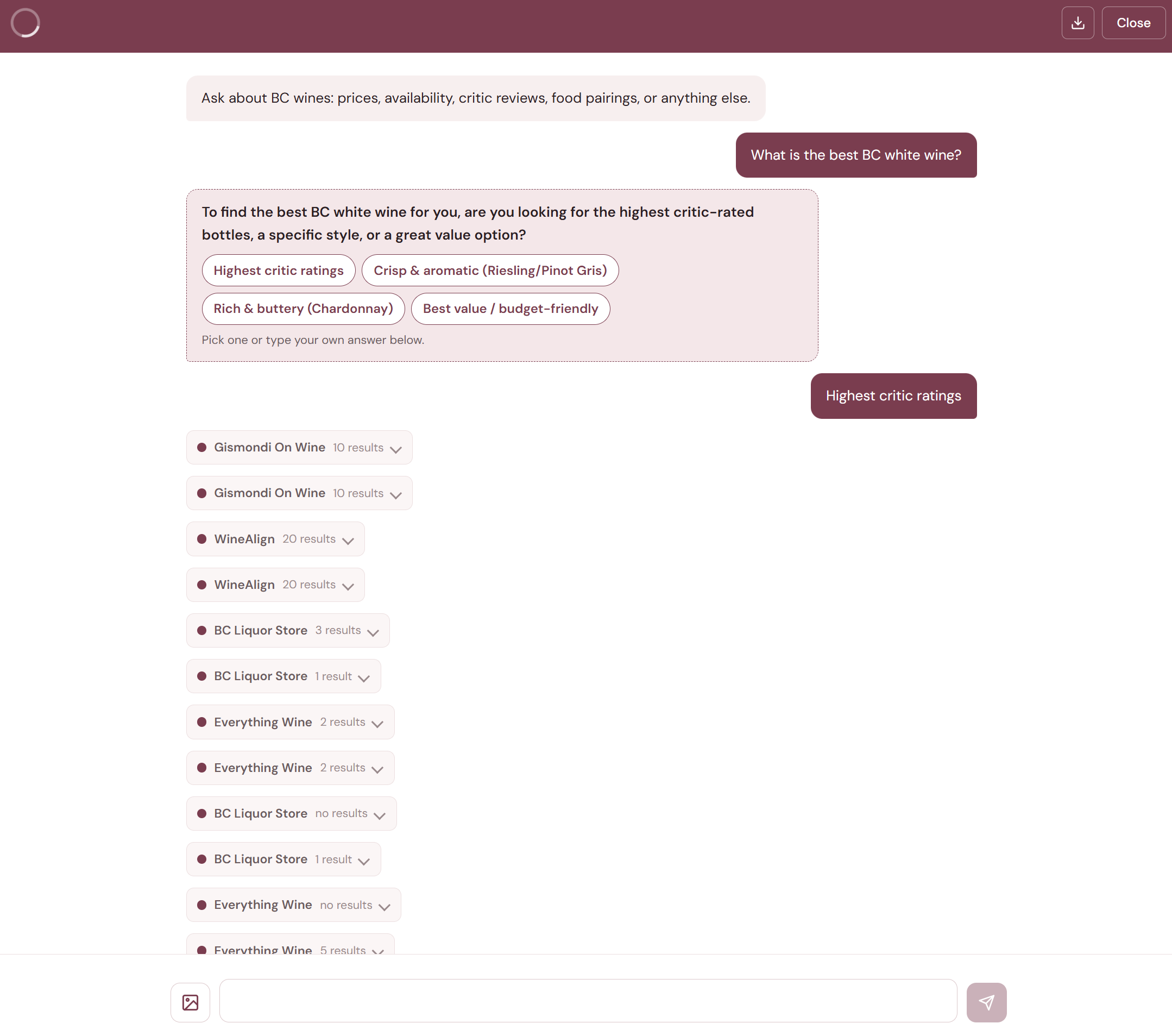 User asks 'what is the best BC white wine?' — the agent asks for preferred style with four option chips, user selects Top-rated overall, then tool badges appear showing searches across Gismondi, WineAlign, Legacy, Marquis, BC Liquor, and Everything Wine