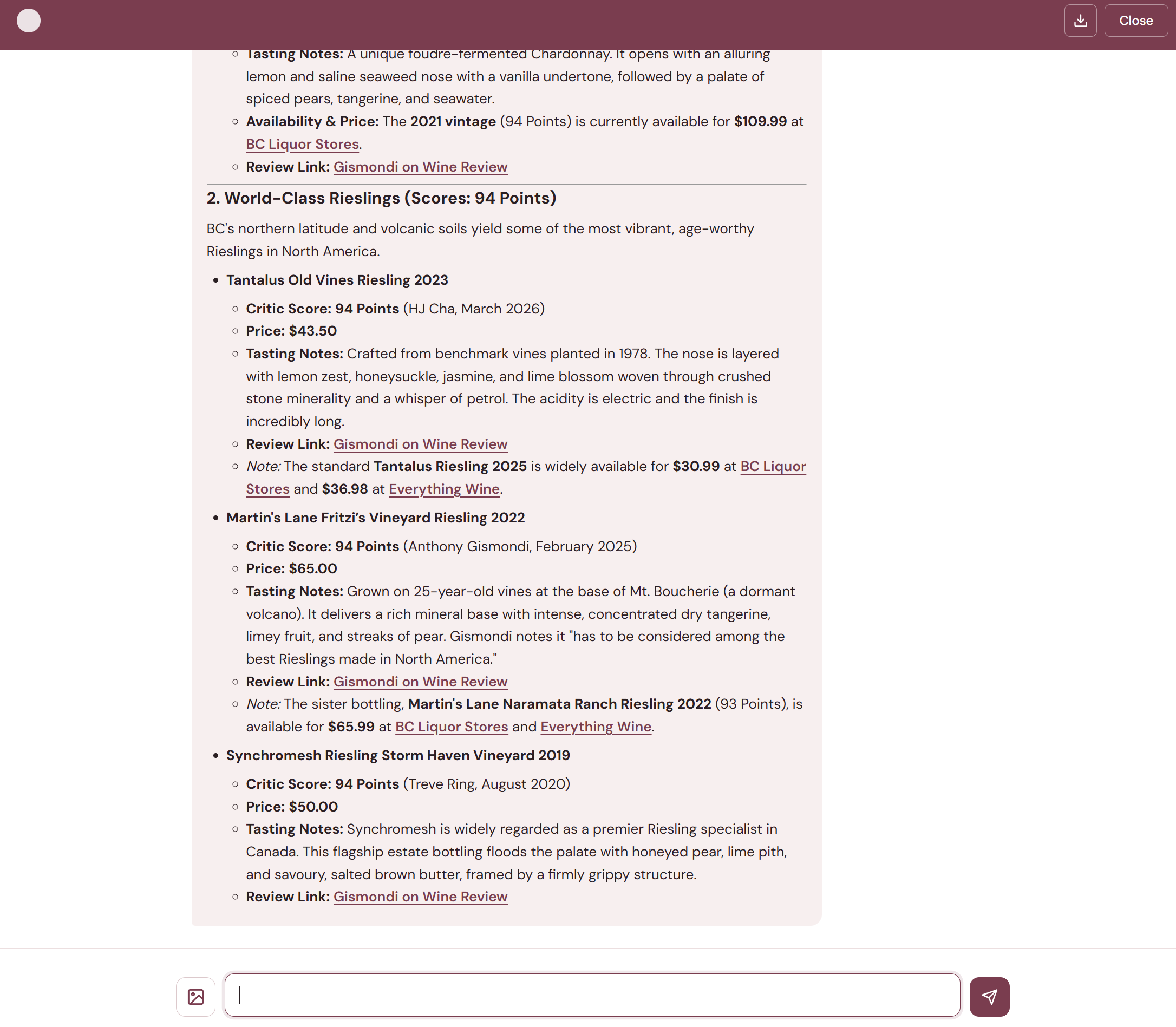 Continued response with The Pinnacle of BC Riesling — Martin's Lane, Tantalus Old Vines, and Synchromesh Storm Haven all scoring 94 points, followed by a Summary Recommendation comparing Chardonnay and Riesling styles